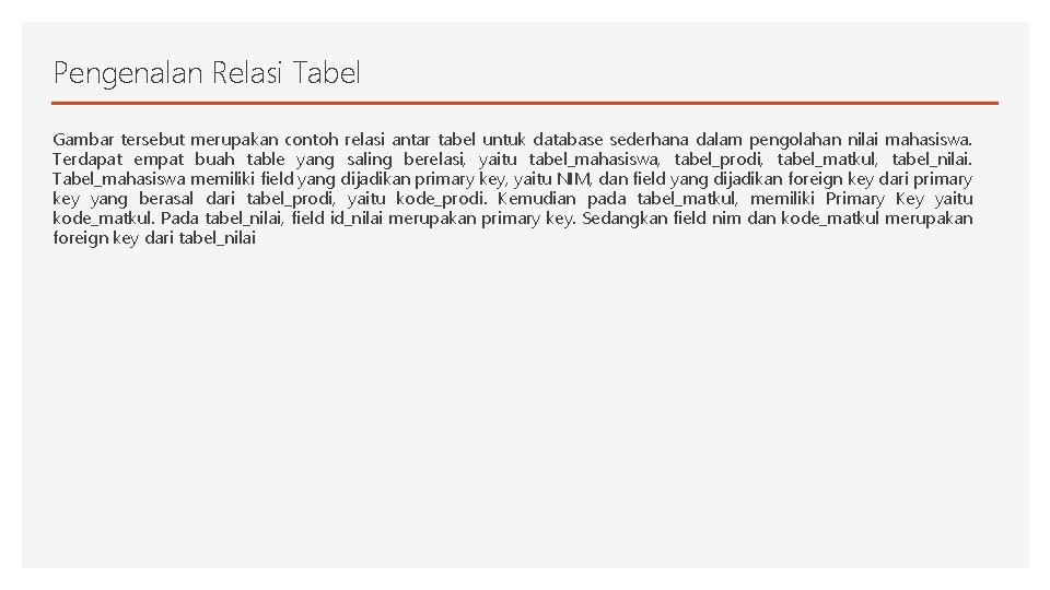 Pengenalan Relasi Tabel Gambar tersebut merupakan contoh relasi antar tabel untuk database sederhana dalam