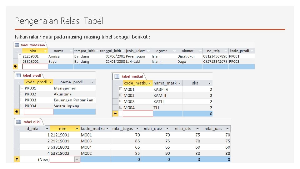 Pengenalan Relasi Tabel Isikan nilai / data pada masing-masing tabel sebagai berikut : 