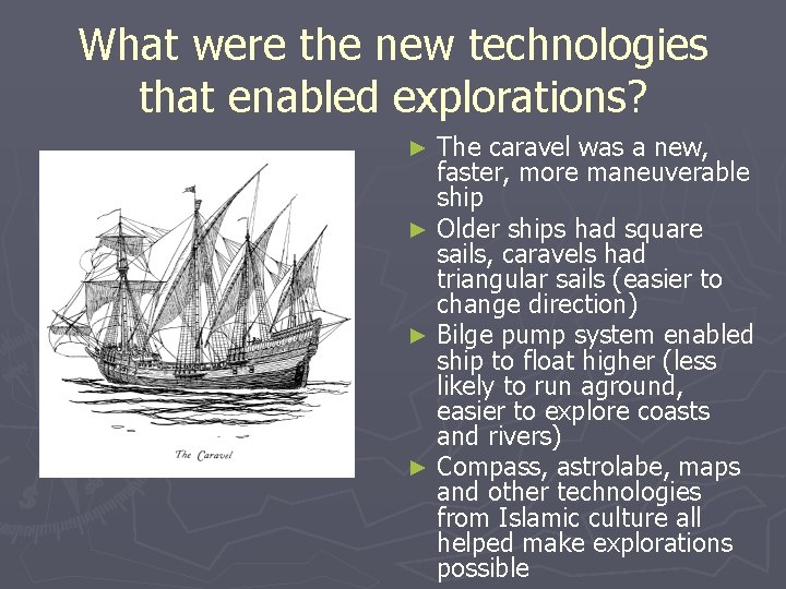 What were the new technologies that enabled explorations? The caravel was a new, faster,