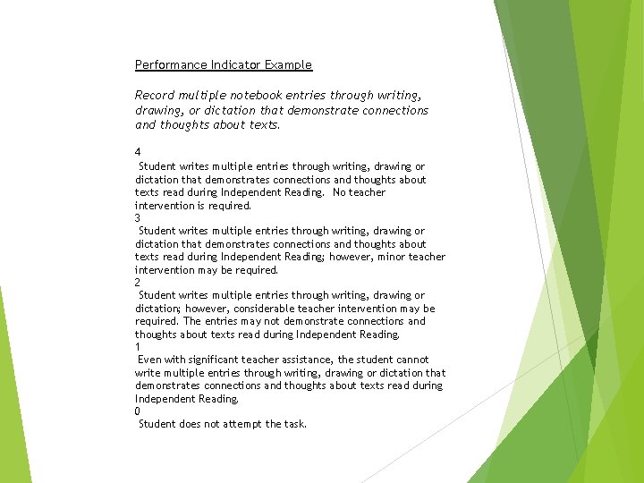 Performance Indicator Example Record multiple notebook entries through writing, drawing, or dictation that demonstrate