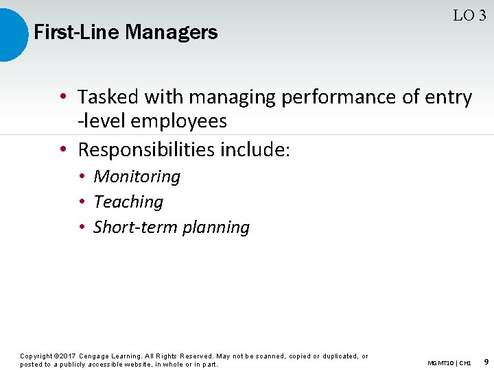 First Line Manager Level 1 Management Copyright 2017 Cengage Learning All Rights