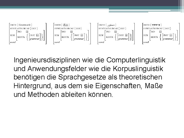 Ingenieursdisziplinen wie die Computerlinguistik und Anwendungsfelder wie die Korpuslinguistik benötigen die Sprachgesetze als theoretischen