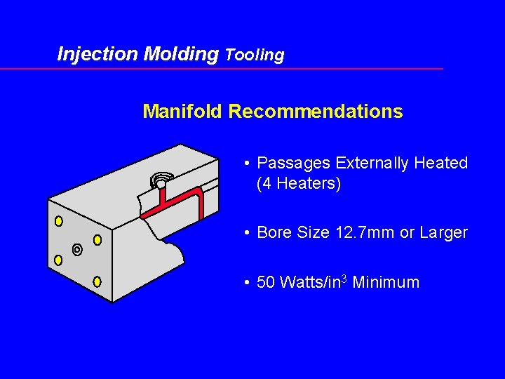 Injection Molding Tooling Manifold Recommendations • Passages Externally Heated (4 Heaters) • Bore Size