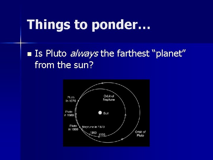 Things to ponder… n Is Pluto always the farthest “planet” from the sun? 