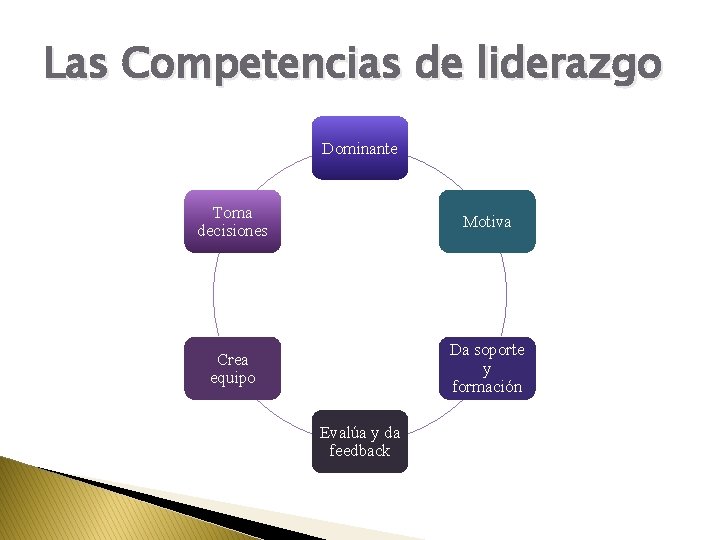 Las Competencias de liderazgo Dominante Toma decisiones Motiva Crea equipo Da soporte y formación