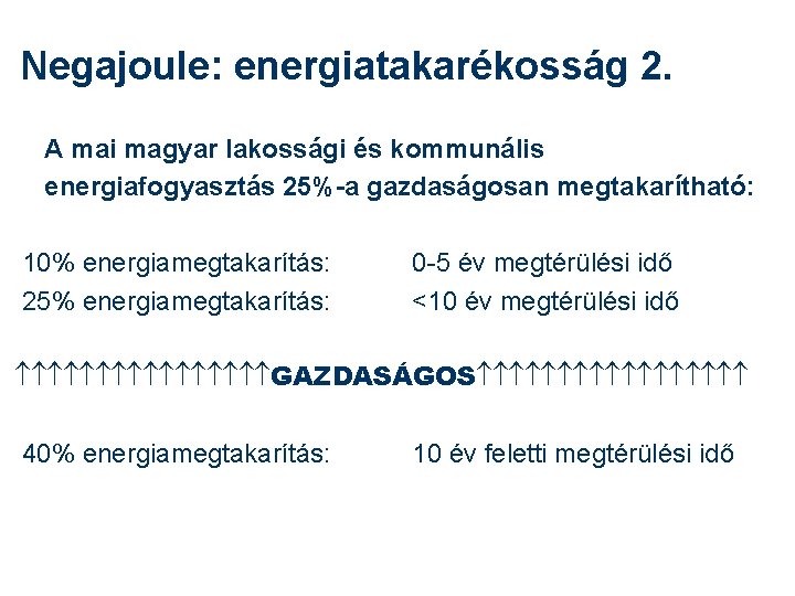 Negajoule: energiatakarékosság 2. A mai magyar lakossági és kommunális energiafogyasztás 25%-a gazdaságosan megtakarítható: 10%