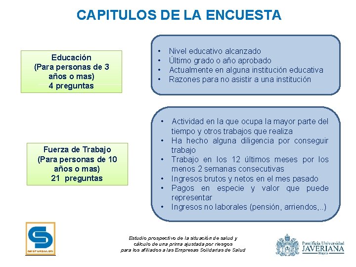 CAPITULOS DE LA ENCUESTA • • Educación (Para personas de 3 años o mas)