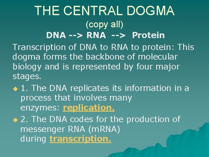 THE CENTRAL DOGMA (copy all) DNA --> RNA --> Protein Transcription of DNA to