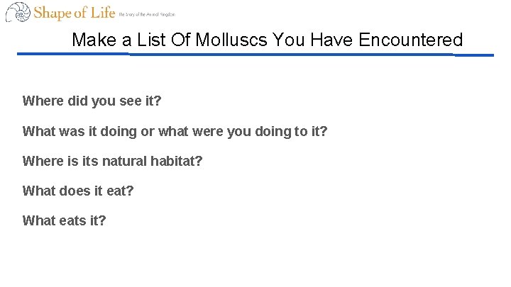 Make a List Of Molluscs You Have Encountered Where did you see it? What