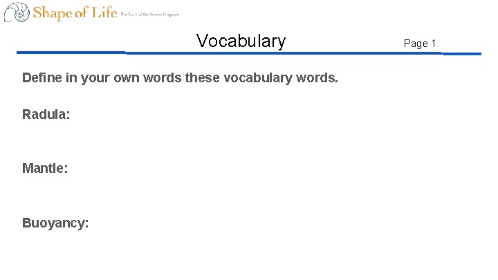 Vocabulary Define in your own words these vocabulary words. Radula: Mantle: Buoyancy: Page 1