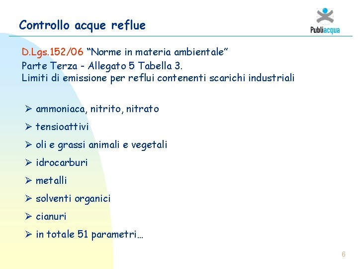 Controllo acque reflue D. Lgs. 152/06 “Norme in materia ambientale” Parte Terza - Allegato