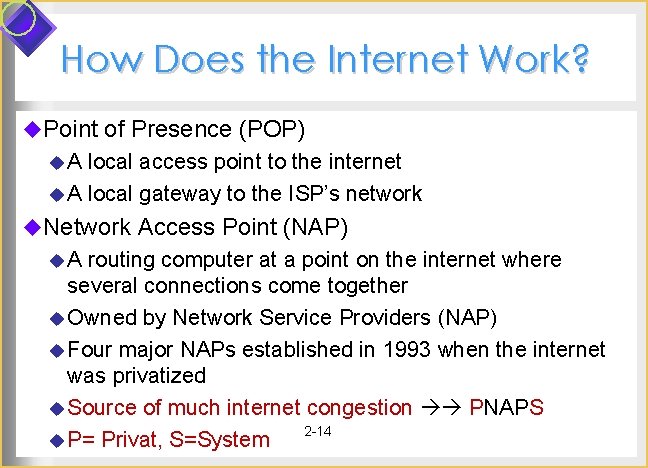 How Does the Internet Work? u. Point of Presence (POP) u. A local access How Does the Internet Work? u. Point of Presence (POP) u. A local access