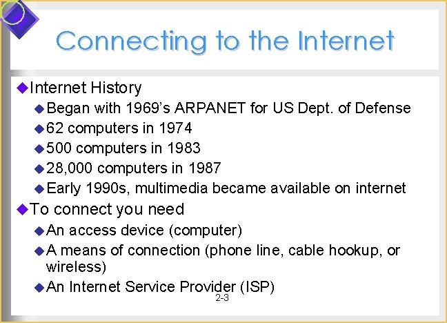 Connecting to the Internet u. Internet History u Began with 1969’s ARPANET for US Connecting to the Internet u. Internet History u Began with 1969’s ARPANET for US