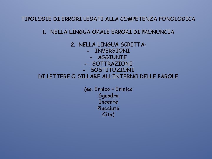 TIPOLOGIE DI ERRORI LEGATI ALLA COMPETENZA FONOLOGICA 1. NELLA LINGUA ORALE ERRORI DI PRONUNCIA