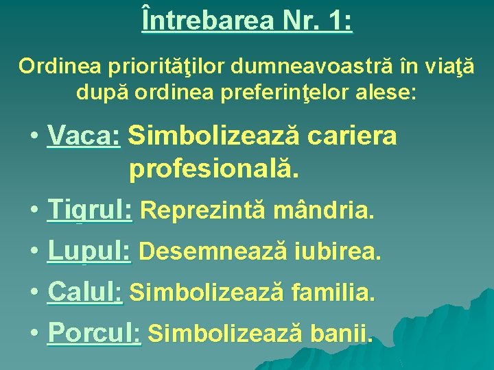 Întrebarea Nr. 1: Ordinea priorităţilor dumneavoastră în viaţă după ordinea preferinţelor alese: • Vaca: