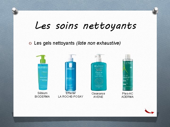 Les soins nettoyants O Les gels nettoyants (liste non exhaustive) Sébium BIODERMA Effaclar LA