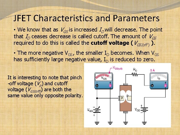 JFET Characteristics and Parameters • We know that as VGS is increased ID will