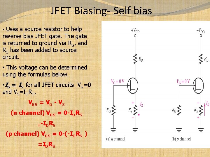 JFET Biasing- Self bias • Uses a source resistor to help reverse bias JFET