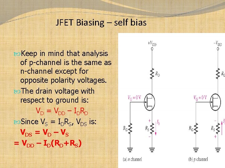 JFET Biasing – self bias Keep in mind that analysis of p-channel is the