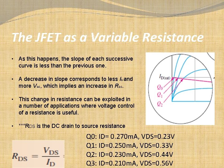 The JFET as a Variable Resistance • As this happens, the slope of each