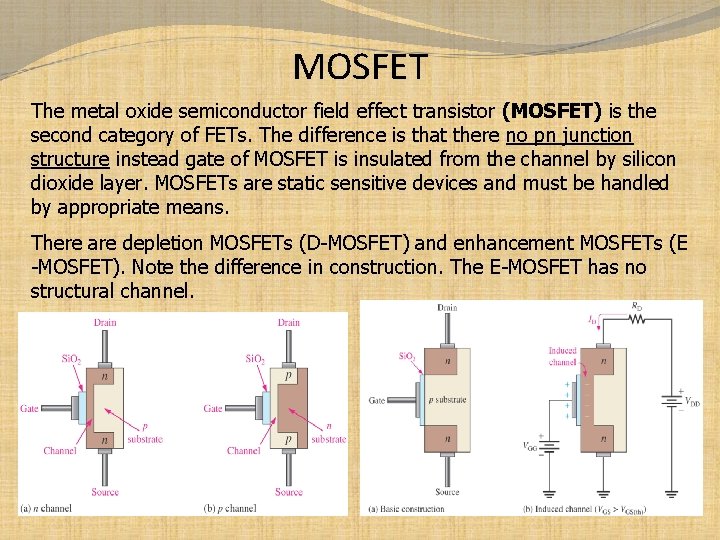 MOSFET The metal oxide semiconductor field effect transistor (MOSFET) is the second category of