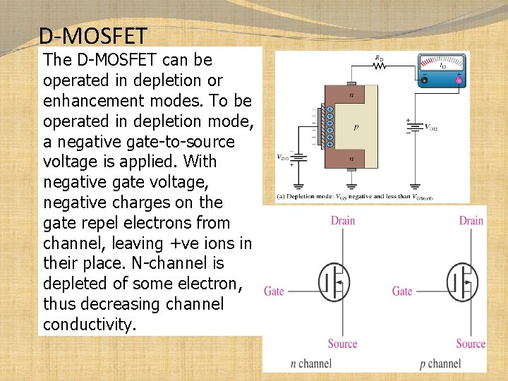 D-MOSFET The D-MOSFET can be operated in depletion or enhancement modes. To be operated