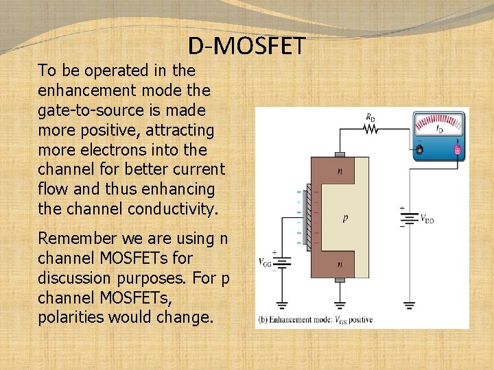 D-MOSFET To be operated in the enhancement mode the gate-to-source is made more positive,