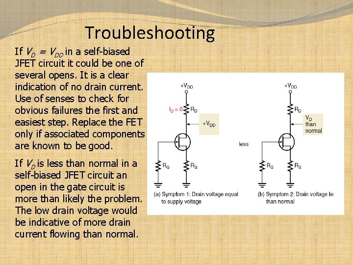 Troubleshooting If VD = VDD in a self-biased JFET circuit it could be one