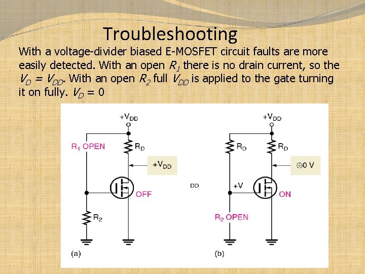 Troubleshooting With a voltage-divider biased E-MOSFET circuit faults are more easily detected. With an