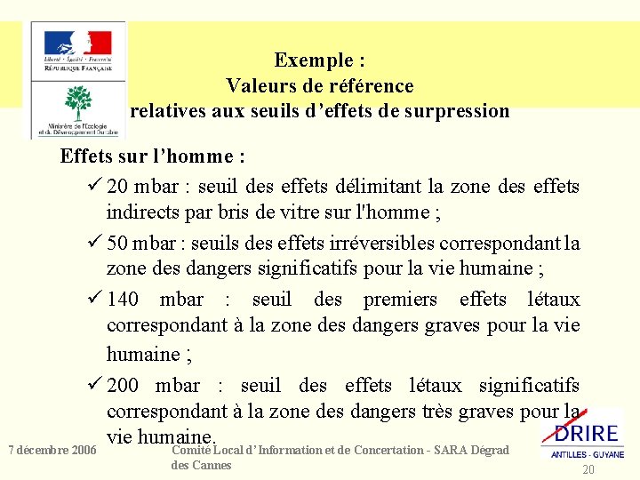 Exemple : Valeurs de référence relatives aux seuils d’effets de surpression Effets sur l’homme