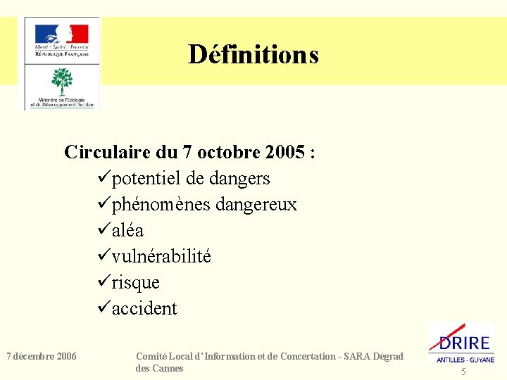 Définitions Circulaire du 7 octobre 2005 : üpotentiel de dangers üphénomènes dangereux üaléa üvulnérabilité