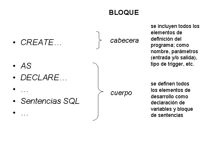 BLOQUE • CREATE… • • • AS DECLARE… … Sentencias SQL … cabecera cuerpo