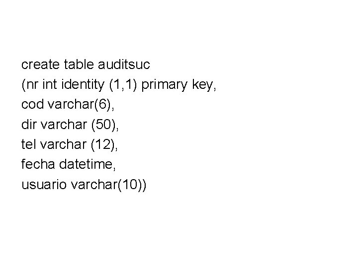 create table auditsuc (nr int identity (1, 1) primary key, cod varchar(6), dir varchar