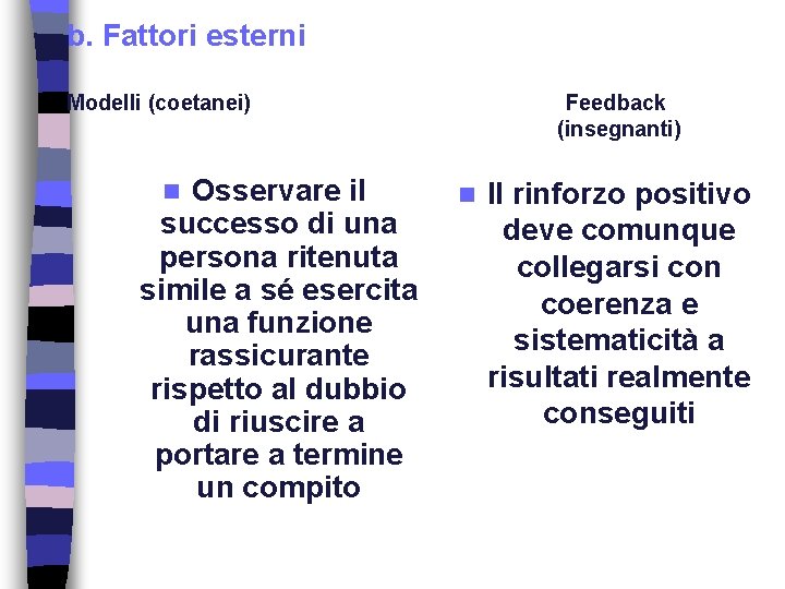 b. Fattori esterni Modelli (coetanei) Osservare il successo di una persona ritenuta simile a