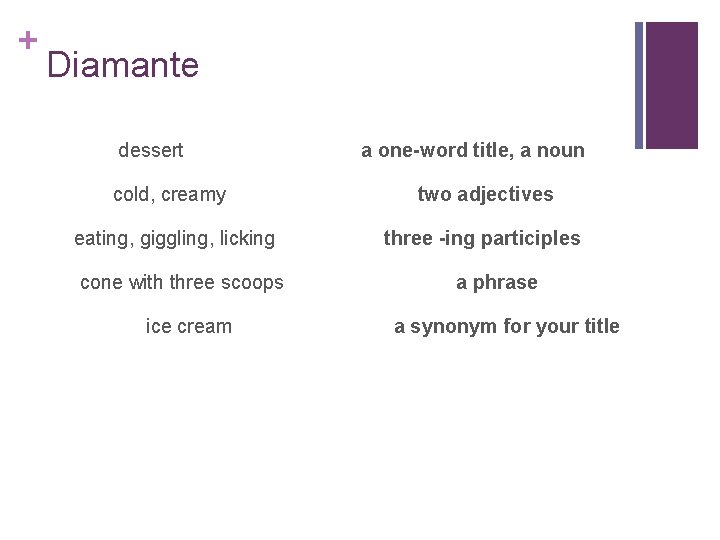 + Diamante dessert a one-word title, a noun cold, creamy two adjectives eating, giggling,