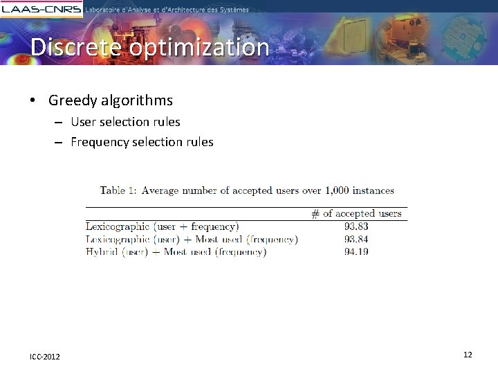 Discrete optimization • Greedy algorithms – User selection rules – Frequency selection rules ICC-2012