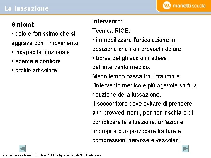 La lussazione Sintomi: • dolore fortissimo che si aggrava con il movimento • incapacità