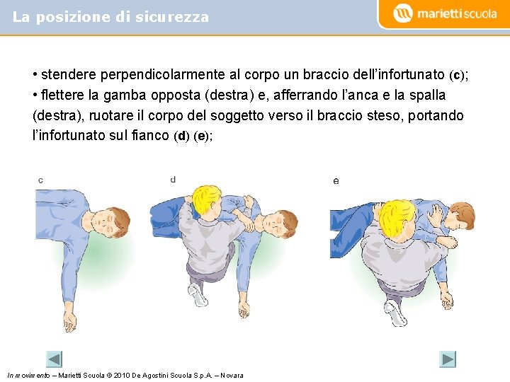 La posizione di sicurezza • stendere perpendicolarmente al corpo un braccio dell’infortunato (c); •
