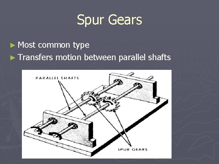 Spur Gears ► Most common type ► Transfers motion between parallel shafts 
