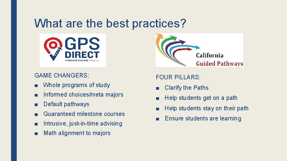 What are the best practices? GAME CHANGERS: FOUR PILLARS: ■ Whole programs of study