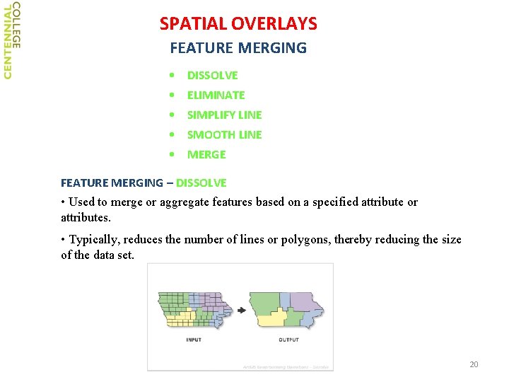 SPATIAL OVERLAYS FEATURE MERGING • DISSOLVE • ELIMINATE • SIMPLIFY LINE • SMOOTH LINE