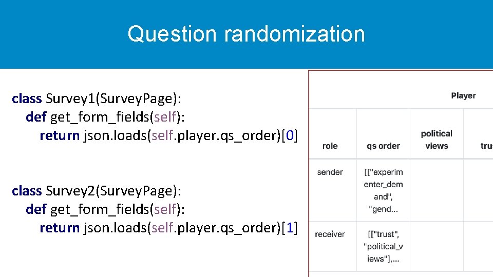 Question randomization class Survey 1(Survey. Page): def get_form_fields(self): return json. loads(self. player. qs_order)[0] class