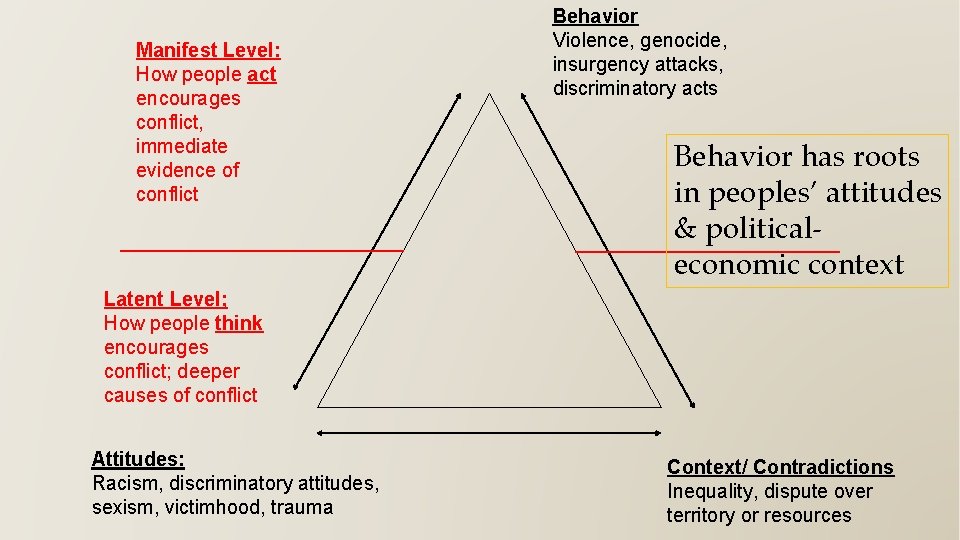 Manifest Level: How people act encourages conflict, immediate evidence of conflict Behavior Violence, genocide,