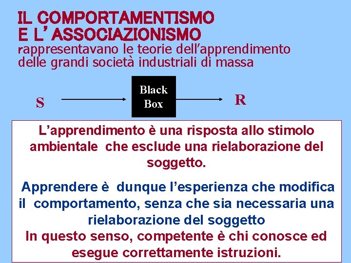 IL COMPORTAMENTISMO E L’ASSOCIAZIONISMO rappresentavano le teorie dell’apprendimento delle grandi società industriali di massa