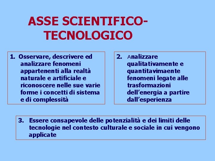 ASSE SCIENTIFICOTECNOLOGICO 1. Osservare, descrivere ed analizzare fenomeni appartenenti alla realtà naturale e artificiale