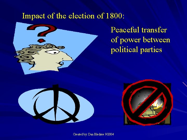 Impact of the election of 1800: Peaceful transfer of power between political parties Created