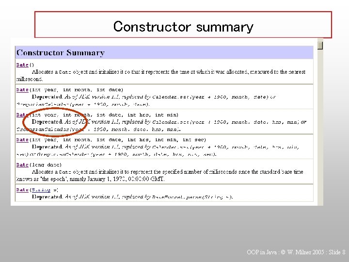 Constructor summary OOP in Java : © W. Milner 2005 : Slide 8 