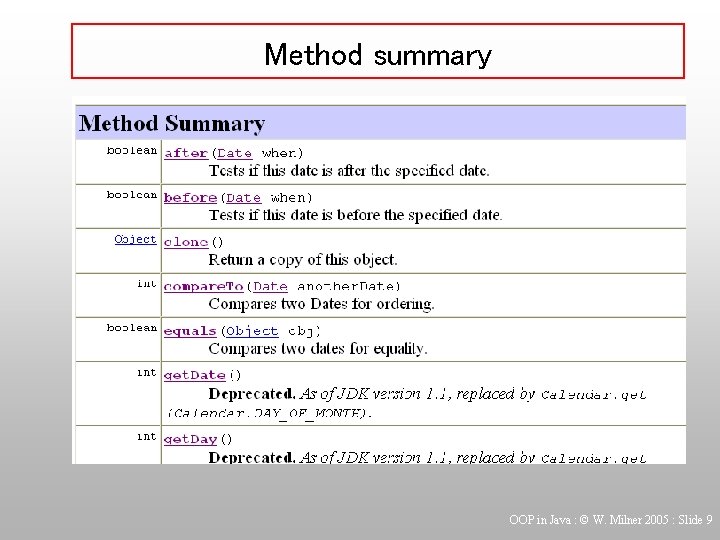 Method summary OOP in Java : © W. Milner 2005 : Slide 9 