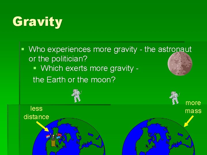 Gravity § Who experiences more gravity - the astronaut or the politician? § Which