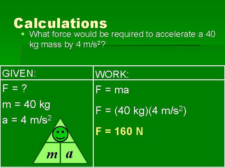 Calculations § What force would be required to accelerate a 40 kg mass by